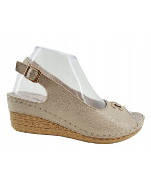 GOODIN SANDAŁY DAMSKIE BUTY LETNIE KOTURN ZŁOTE LEKKIE WYGODNE SKÓRA R38