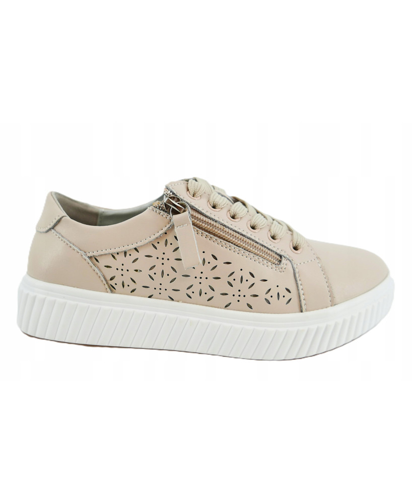 GOODIN PREMIUM SKÓRZANE DAMSKIE SKÓRA LEKKIE SNEAKERSY BEŻOWE AŻUREK R41