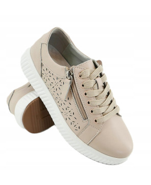 GOODIN PREMIUM SKÓRZANE DAMSKIE SKÓRA LEKKIE SNEAKERSY BEŻOWE AŻUREK R41