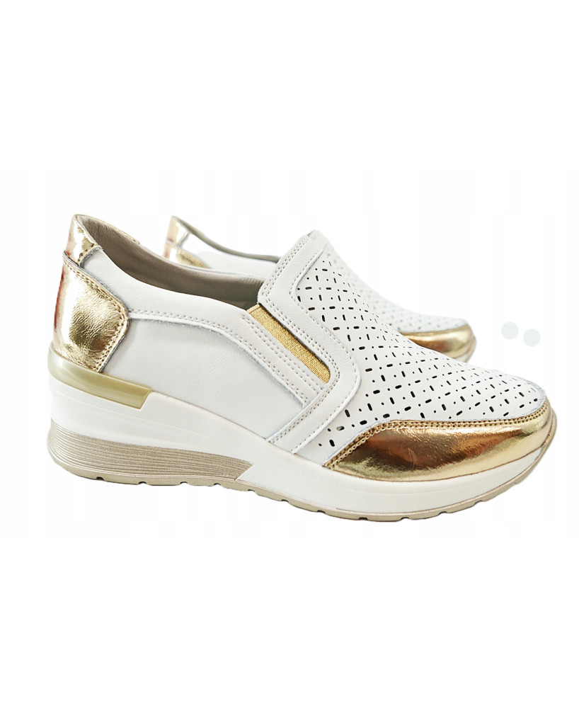 GOODIN SKÓRZANE SNEAKERSY AŻUROWE BIAŁO ZŁOTE R39