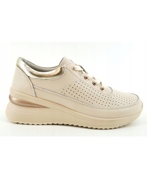 SKÓRZANE AŻUROWE SNEAKERSY NA KOTURNIE BEŻOWE WYGODNE LEKKIE R39