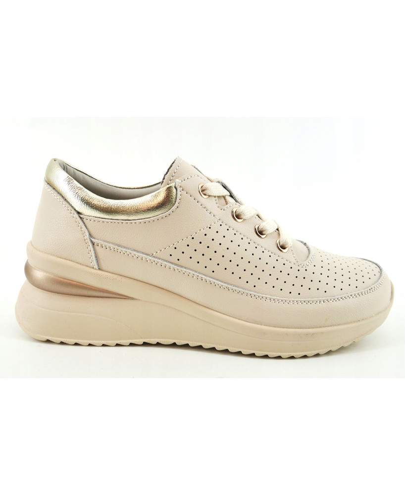 SKÓRZANE AŻUROWE SNEAKERSY NA KOTURNIE BEŻOWE WYGODNE LEKKIE R39