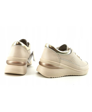 SKÓRZANE AŻUROWE SNEAKERSY NA KOTURNIE BEŻOWE WYGODNE LEKKIE R39