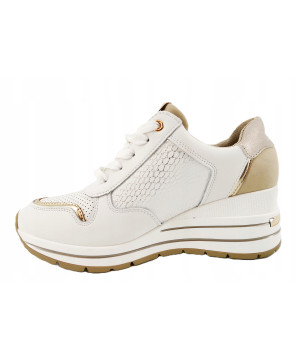 SKÓRZANE SNEAKERSY NA KOTURNIE BIAŁO ZŁOTE Z SUWAKIEM R39