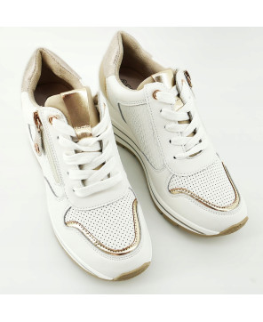 SKÓRZANE SNEAKERSY NA KOTURNIE BIAŁO ZŁOTE Z SUWAKIEM R37
