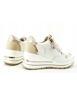 SKÓRZANE SNEAKERSY NA KOTURNIE BIAŁO ZŁOTE Z SUWAKIEM R37